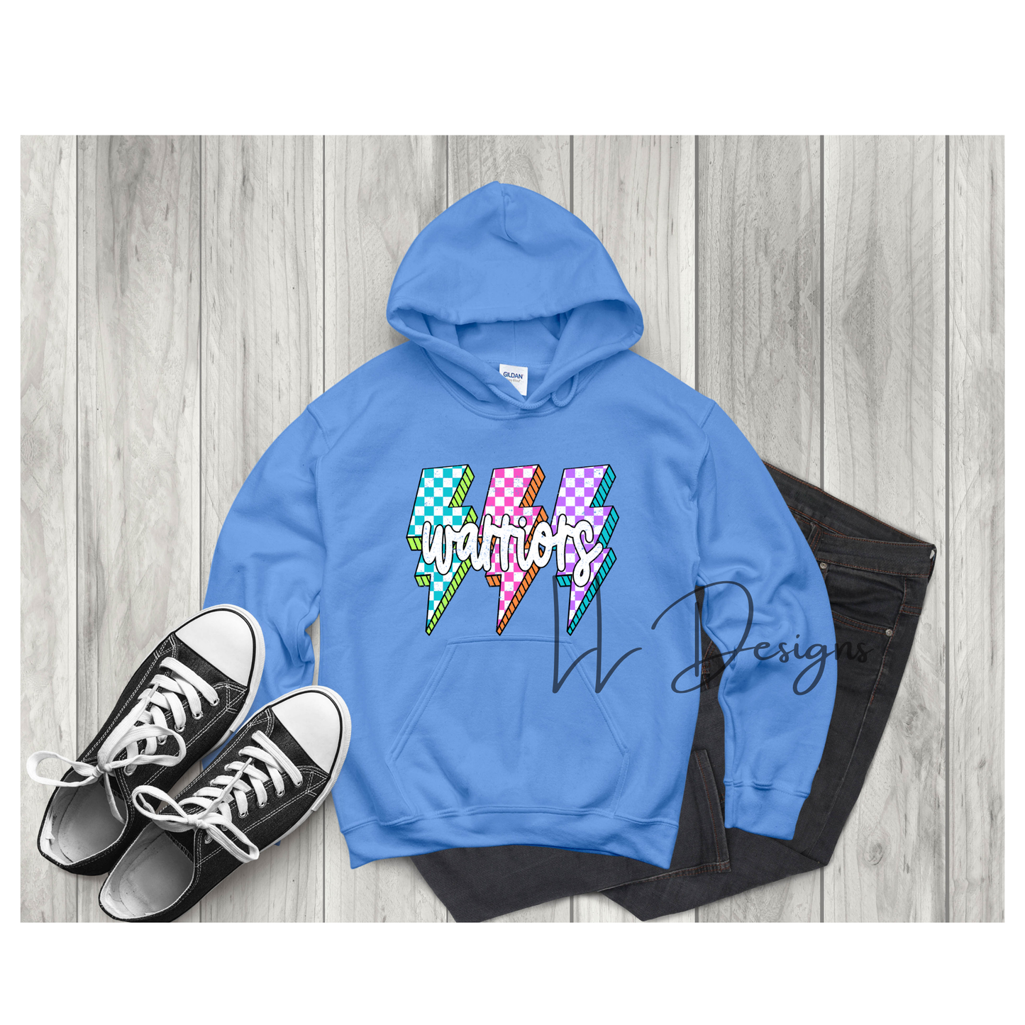 Color Pop “Warriors” Bolt Design – Youth & Adult | Tee, Hoodie, or Crewneck